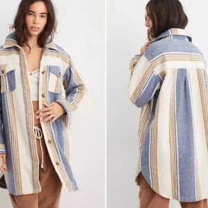 NWT Aerie Blue and Cream Striped Oversized Utility Jacket Shacket